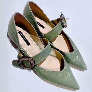 Zara Green Jewelled Buckle Pointy Toe Flat ballet loafer flats Y2K Eclectic